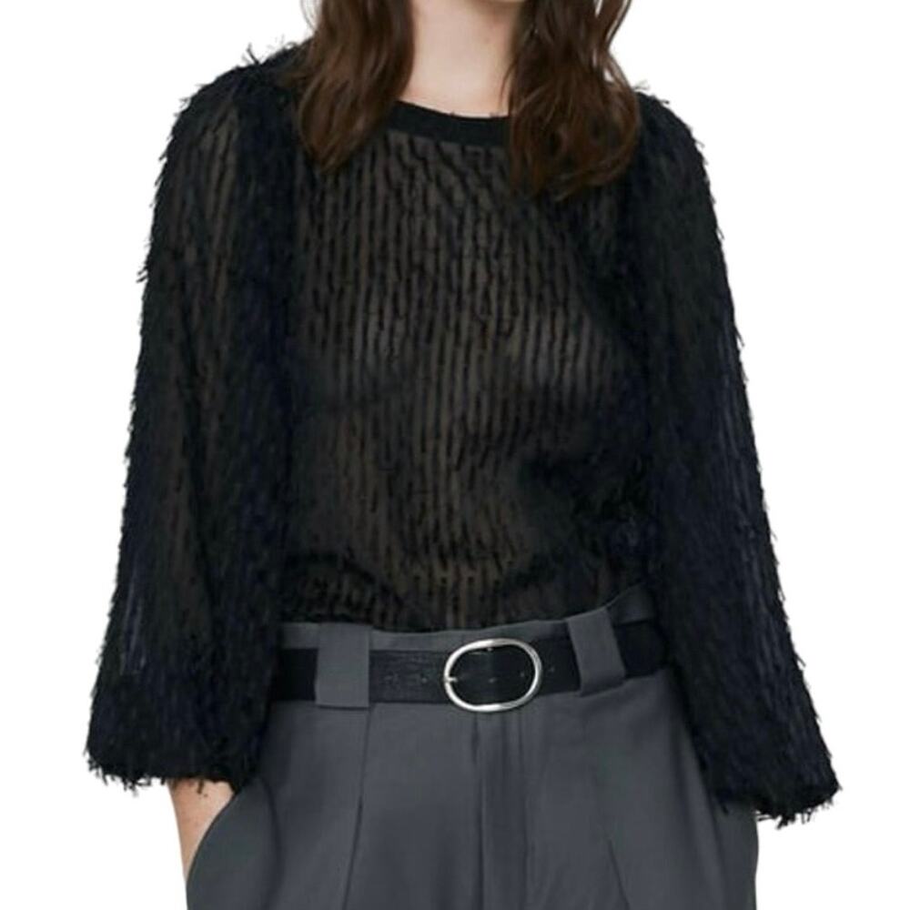 Zara Black Fringe Balloon Sleeve Top Size Small